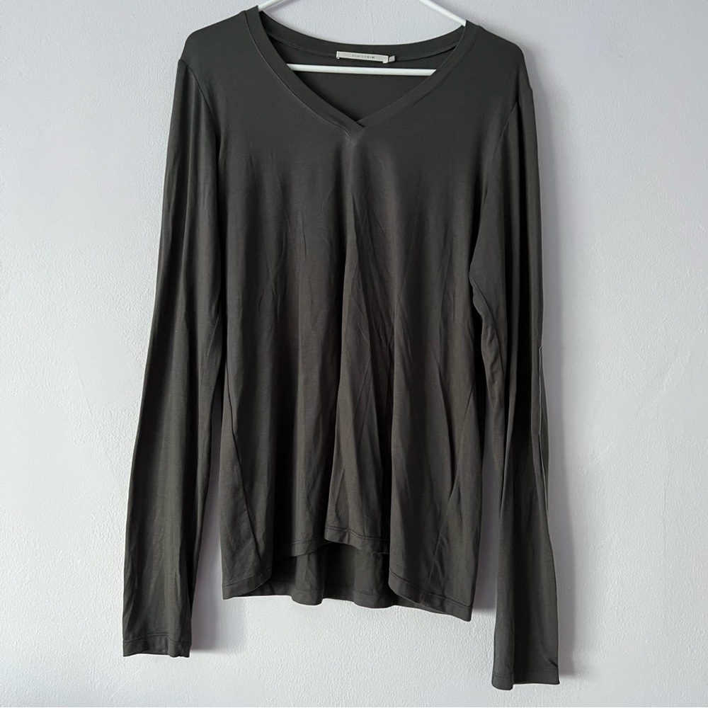 Elaine Kim Grey Vneck Leather Sleeve Top Large